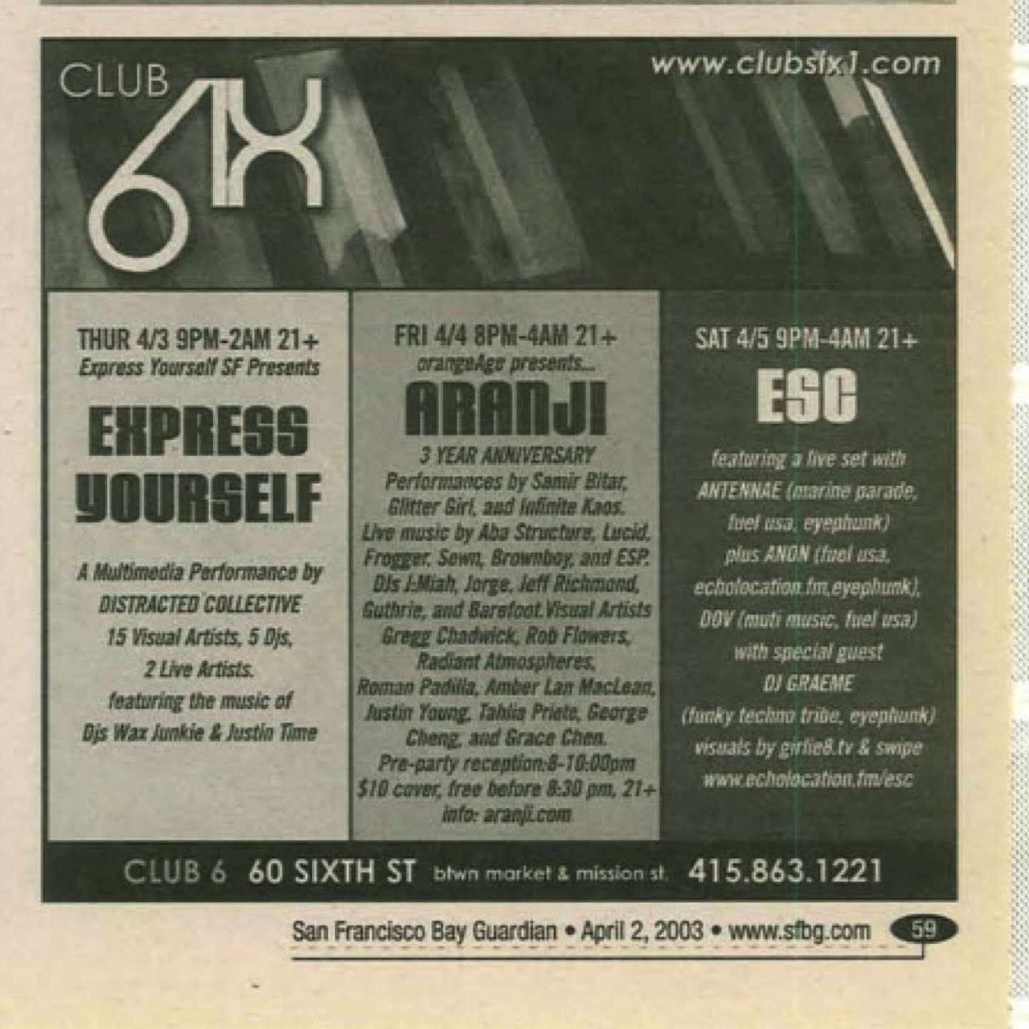 SF Bay Guardian Ad for Aranji at Club Six in San Francisco - April 2003